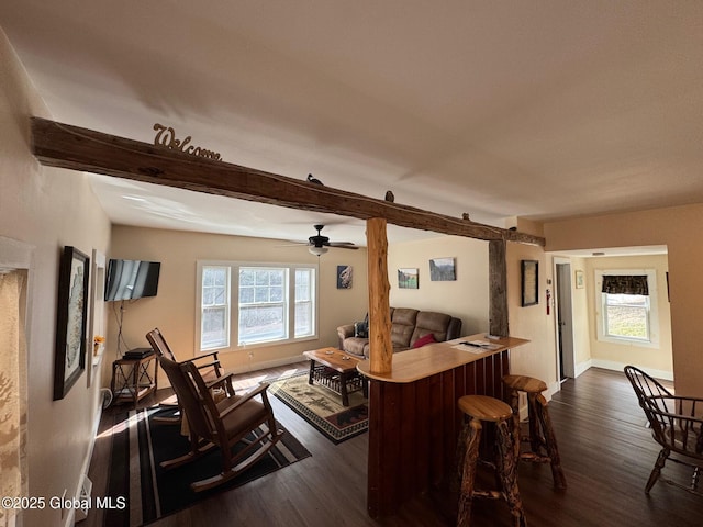 living room featuring a dry bar, plenty of natural light, dark wood-style floors, and baseboards