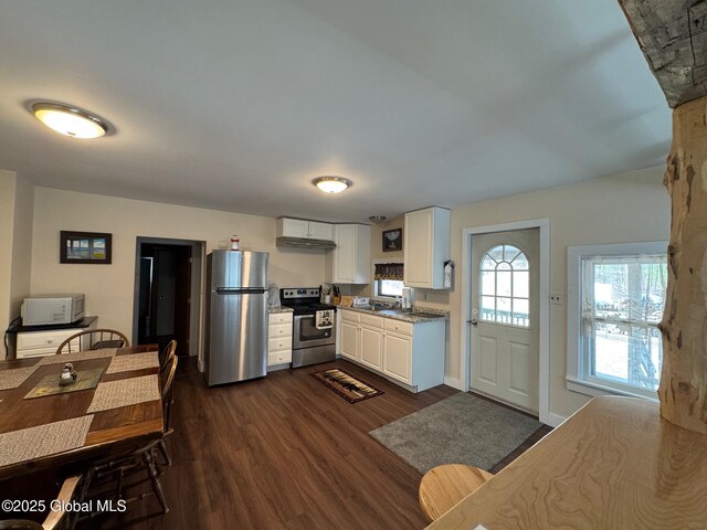 kitchen featuring white cabinets, a sink, appliances with stainless steel finishes, under cabinet range hood, and dark wood-type flooring