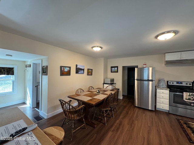 dining room featuring dark wood-style floors and baseboards