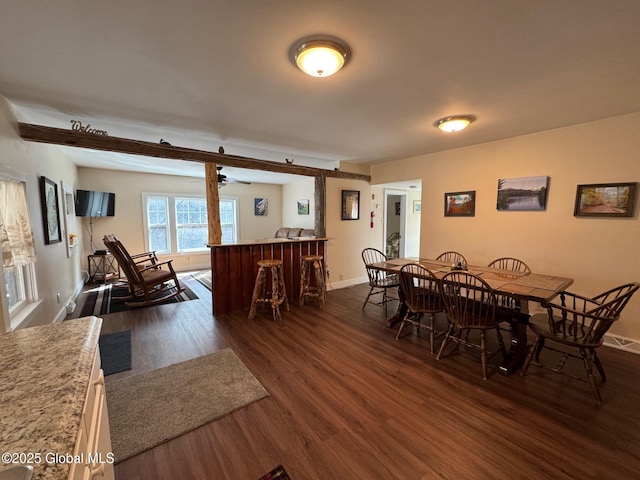 dining room featuring dark wood-style floors, baseboards, and a dry bar