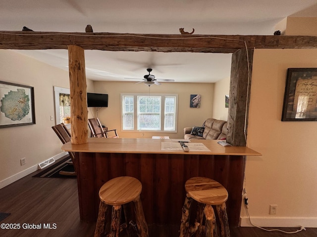 bar with beamed ceiling, visible vents, dark wood-style floors, baseboards, and a ceiling fan