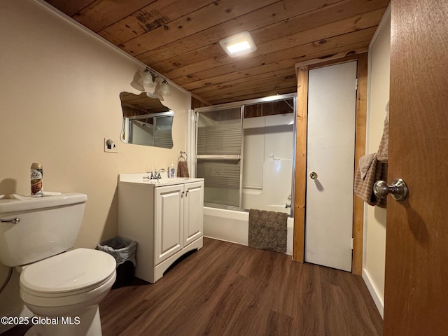 bathroom featuring wood finished floors, wood ceiling, enclosed tub / shower combo, toilet, and vanity