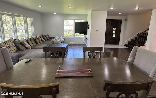 15 Campus View Dr, Colonie, NY 12211 - dining room with dark wood-type flooring, recessed lighting, stairway, and baseboards