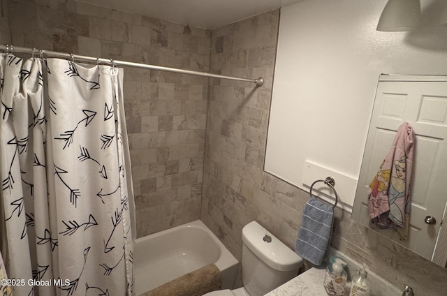 15 Campus View Dr, Colonie, NY 12211 - bathroom featuring toilet, shower / bath combination with curtain, tile walls, and vanity