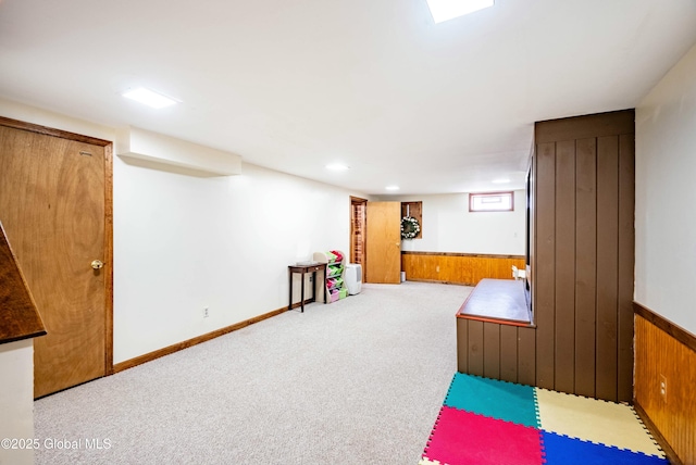 interior space featuring wainscoting, wooden walls, and carpet