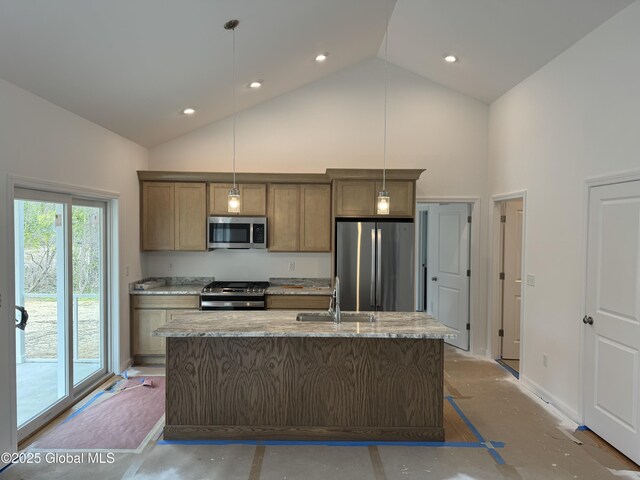 8 Wynnefield Dr, Moreau, NY 12803 - kitchen with a sink, high vaulted ceiling, an island with sink, stainless steel appliances, and decorative light fixtures