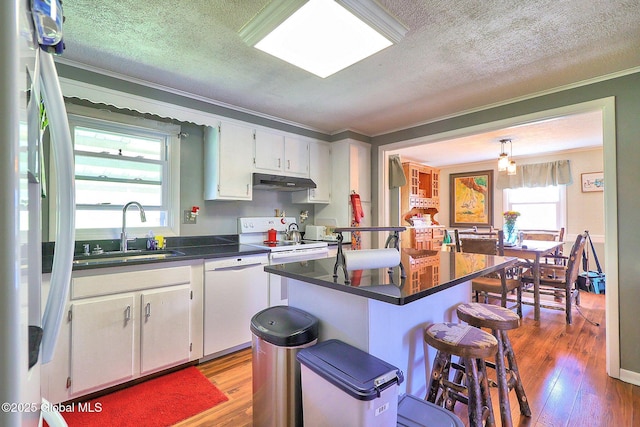kitchen featuring a textured ceiling, crown molding, a sink, under cabinet range hood, and white appliances