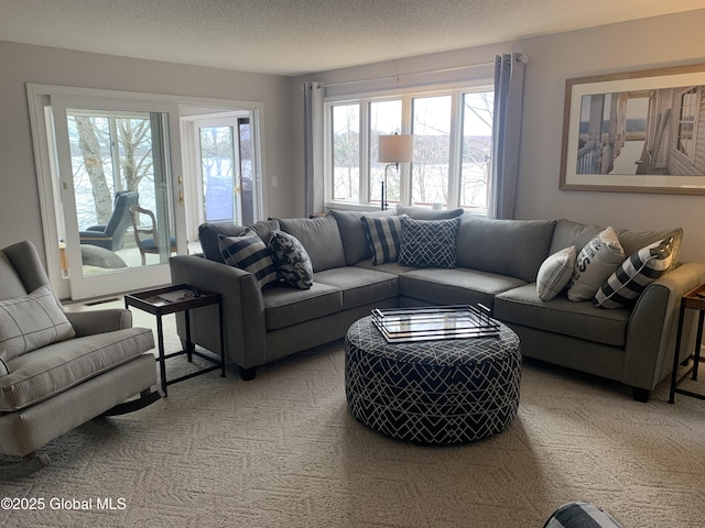 living area with light colored carpet and a textured ceiling