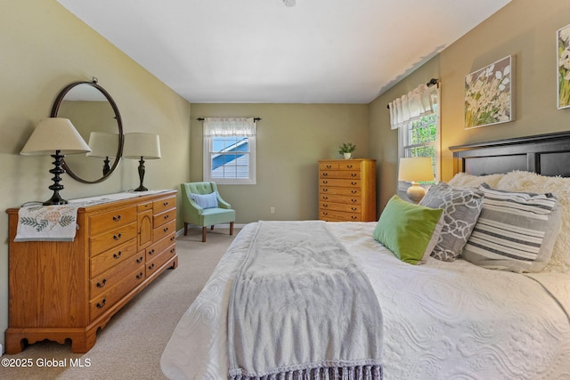 bedroom featuring multiple windows and light carpet