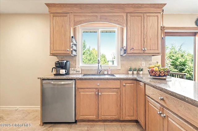 kitchen featuring a sink, decorative backsplash, stainless steel dishwasher, and light stone countertops