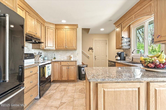 kitchen with under cabinet range hood, decorative backsplash, a sink, and black appliances