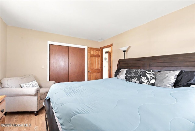 bedroom with light wood finished floors and a closet