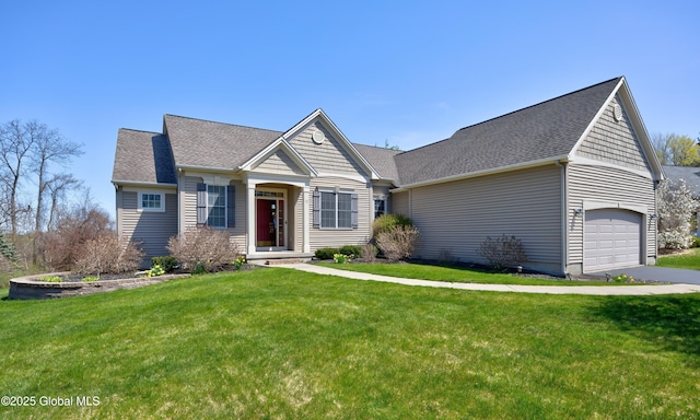 view of front facade featuring an attached garage, a shingled roof, a front yard, and aphalt driveway