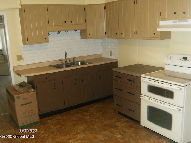 21 Depot St, Greenwich, NY 12834 - kitchen featuring under cabinet range hood, range with two ovens, decorative backsplash, a sink, and light countertops