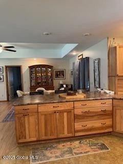 interior space with dark countertops and ceiling fan