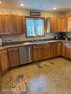 kitchen featuring stainless steel dishwasher, recessed lighting, brown cabinetry, and a sink
