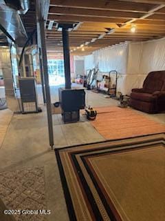 basement with a wood stove