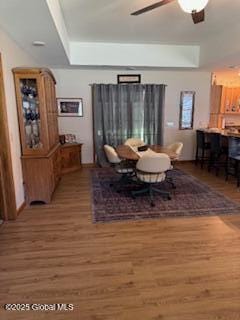 dining space with a raised ceiling, ceiling fan, and wood finished floors