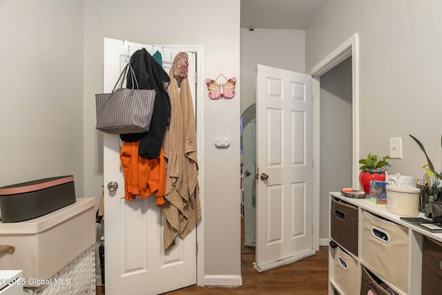 interior space with dark wood-type flooring