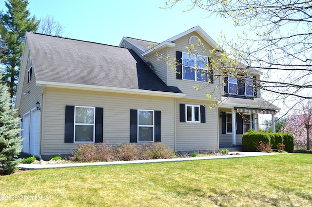 traditional home featuring central AC unit, a shingled roof, and a front lawn