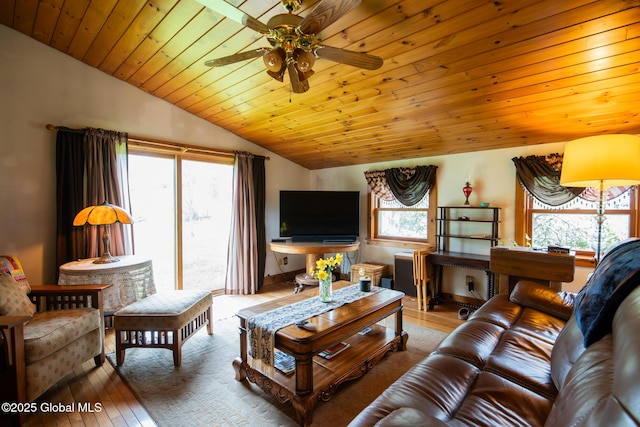 71 S Rd, Hampton, NY 12887 - living room featuring lofted ceiling, wood finished floors, ceiling fan, and wooden ceiling