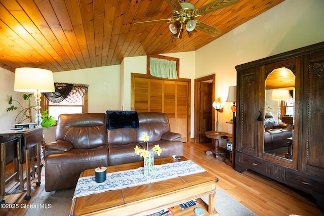 71 S Rd, Hampton, NY 12887 - living room featuring a ceiling fan, wooden ceiling, light wood-type flooring, and lofted ceiling
