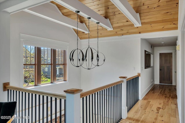 20 Oak Ridge Blvd, Saratoga Springs, NY 12866 - hall with wood finished floors, baseboards, vaulted ceiling with beams, wood ceiling, and a chandelier