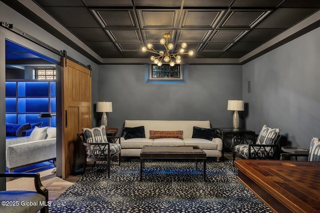 20 Oak Ridge Blvd, Saratoga Springs, NY 12866 - living area with an ornate ceiling, a chandelier, and a barn door