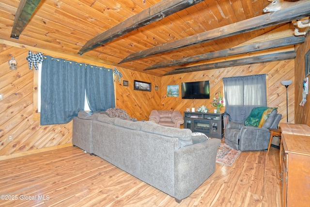 living area featuring wooden walls, wood ceiling, beamed ceiling, and wood finished floors