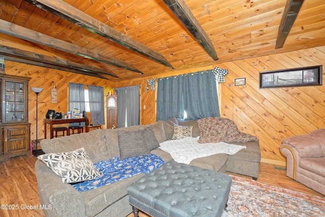 living room featuring wooden walls, wooden ceiling, beamed ceiling, and wood finished floors