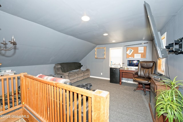 carpeted office space featuring baseboards, recessed lighting, and lofted ceiling