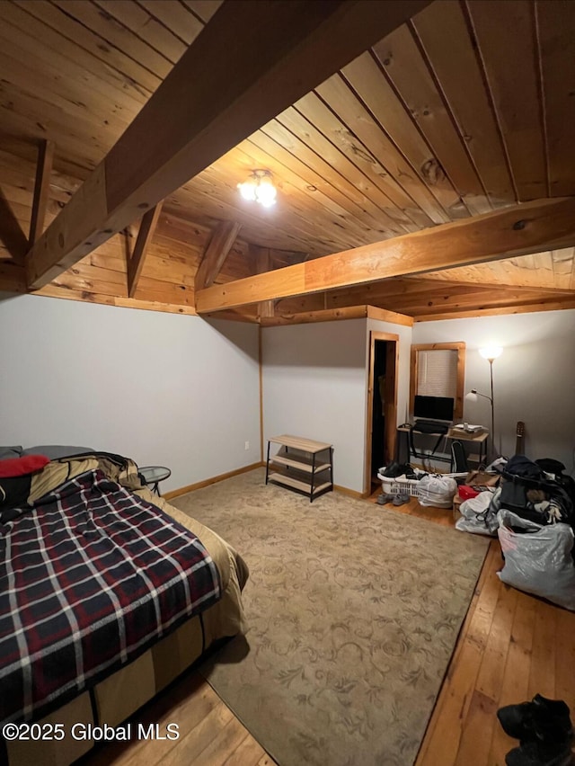 bedroom with wooden ceiling, baseboards, beamed ceiling, and hardwood / wood-style flooring