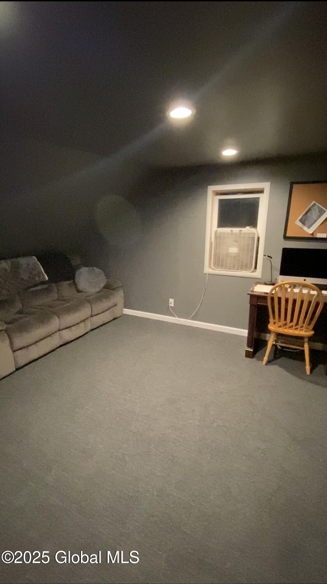 living area with carpet floors, recessed lighting, and baseboards