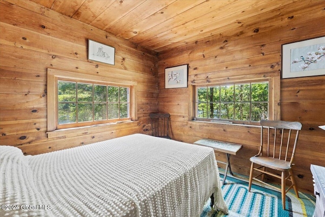 bedroom featuring wood ceiling and wooden walls