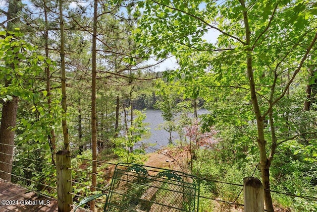 property view of water featuring a wooded view
