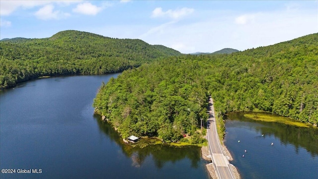 aerial view featuring a water and mountain view and a wooded view