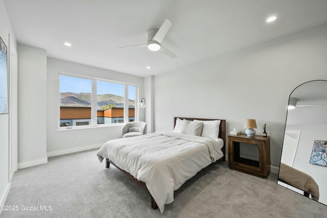 carpeted bedroom with baseboards, recessed lighting, and ceiling fan