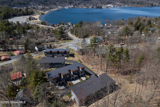 drone / aerial view featuring a water view