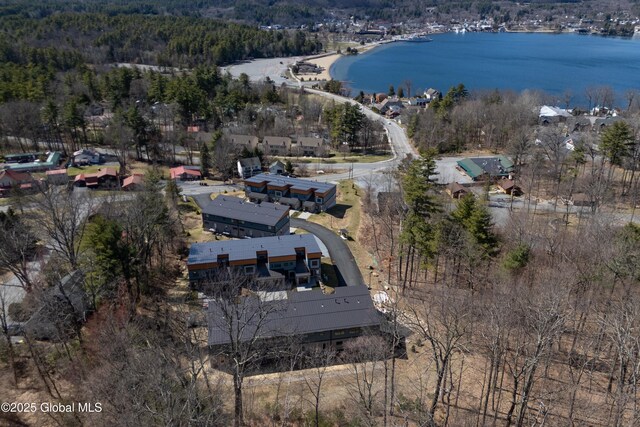 birds eye view of property with a water view and a wooded view