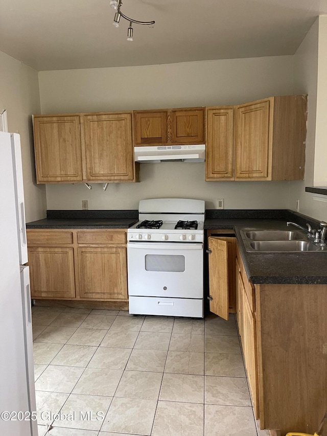 kitchen featuring a sink, dark countertops, white appliances, and under cabinet range hood