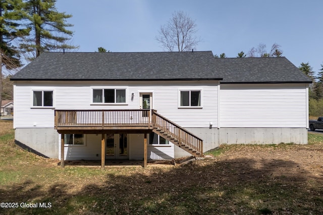 23 Locust Ridge Dr, Corinth, NY 12822 - back of property with a wooden deck, roof with shingles, and stairway