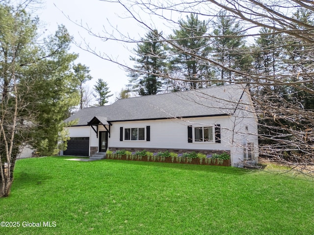 23 Locust Ridge Dr, Corinth, NY 12822 - view of front of property featuring roof with shingles, a garage, and a front lawn
