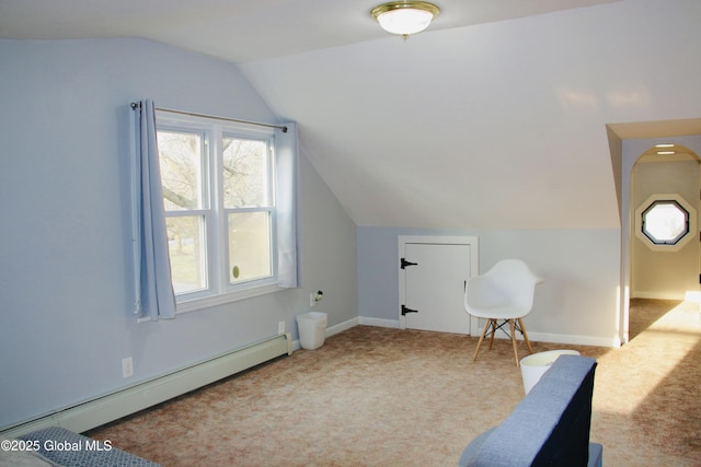 28 Puritan Dr, Rotterdam, NY 12306 - bonus room featuring carpet floors, baseboards, baseboard heating, and vaulted ceiling