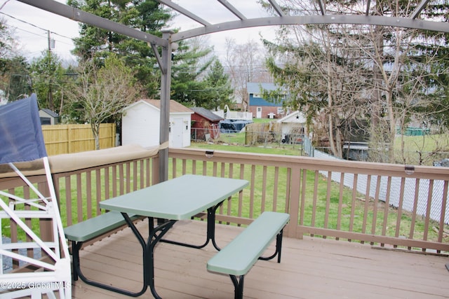 28 Puritan Dr, Rotterdam, NY 12306 - wooden terrace featuring a yard, an outdoor structure, a fenced backyard, and a shed