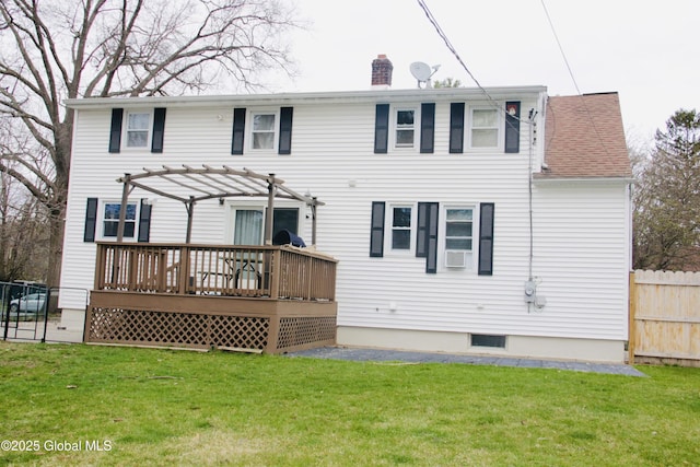 28 Puritan Dr, Rotterdam, NY 12306 - rear view of property featuring a chimney, a deck, fence, a yard, and a pergola
