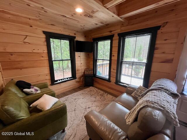 15-17 Pine Rd, Lake Luzerne, NY 12846 - living room with wood ceiling, wood finished floors, and wooden walls