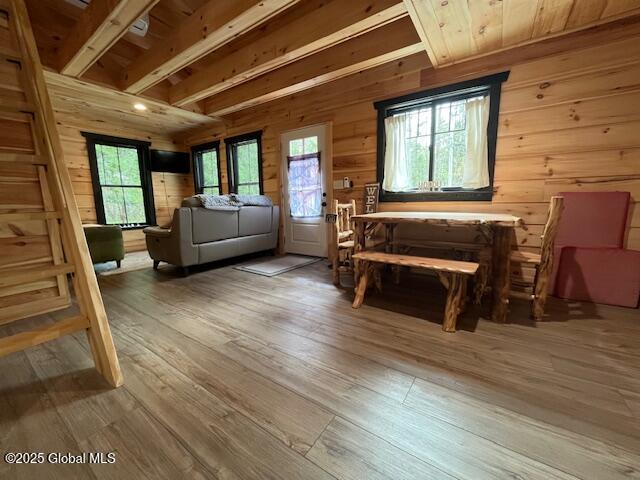 15-17 Pine Rd, Lake Luzerne, NY 12846 - living area with wooden walls, wood finished floors, and a wealth of natural light