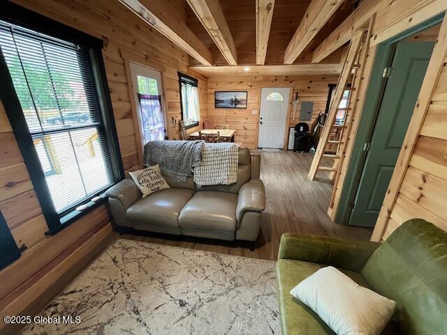 15-17 Pine Rd, Lake Luzerne, NY 12846 - living area with wooden walls and wood finished floors
