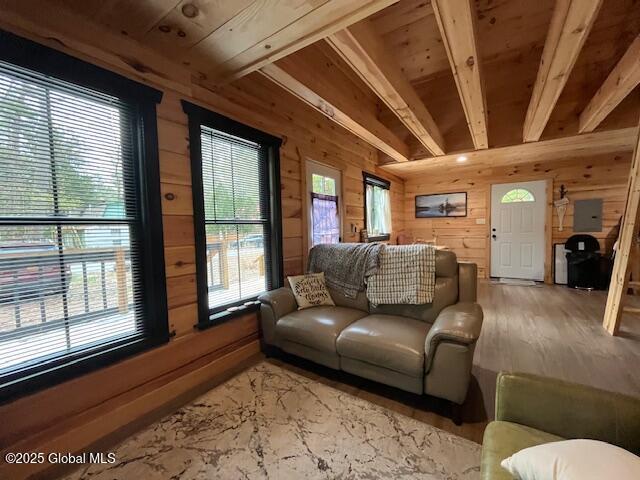 15-17 Pine Rd, Lake Luzerne, NY 12846 - living room with wooden walls, wood ceiling, beam ceiling, and light wood-style flooring