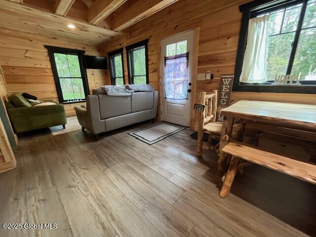 15-17 Pine Rd, Lake Luzerne, NY 12846 - living room featuring wooden walls, a healthy amount of sunlight, and wood finished floors